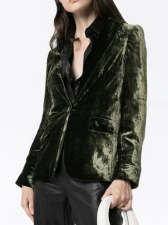 Frame Denim Jackets & Blazers - Frame Deep Moss Green Crushed Velvet Single Button Blazer 8